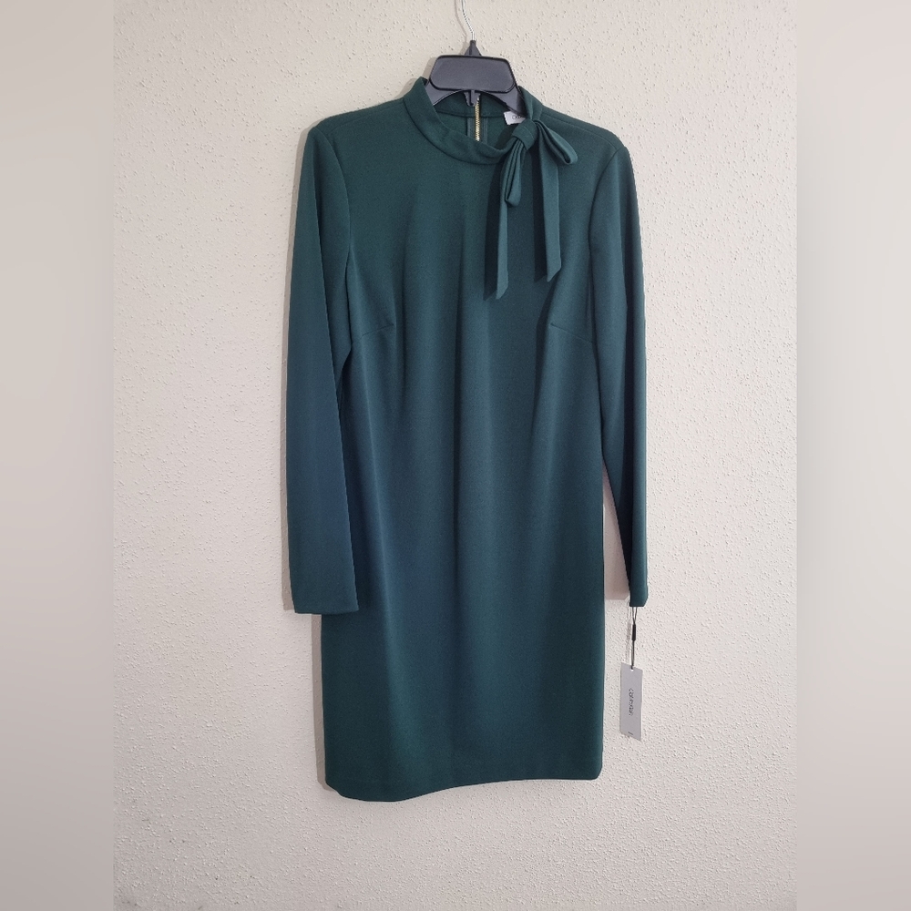 Calvin Klein Dark Green Long Sleeve Dress With Tie Neck Detail NWT Size 12 - Picture 5 of 8